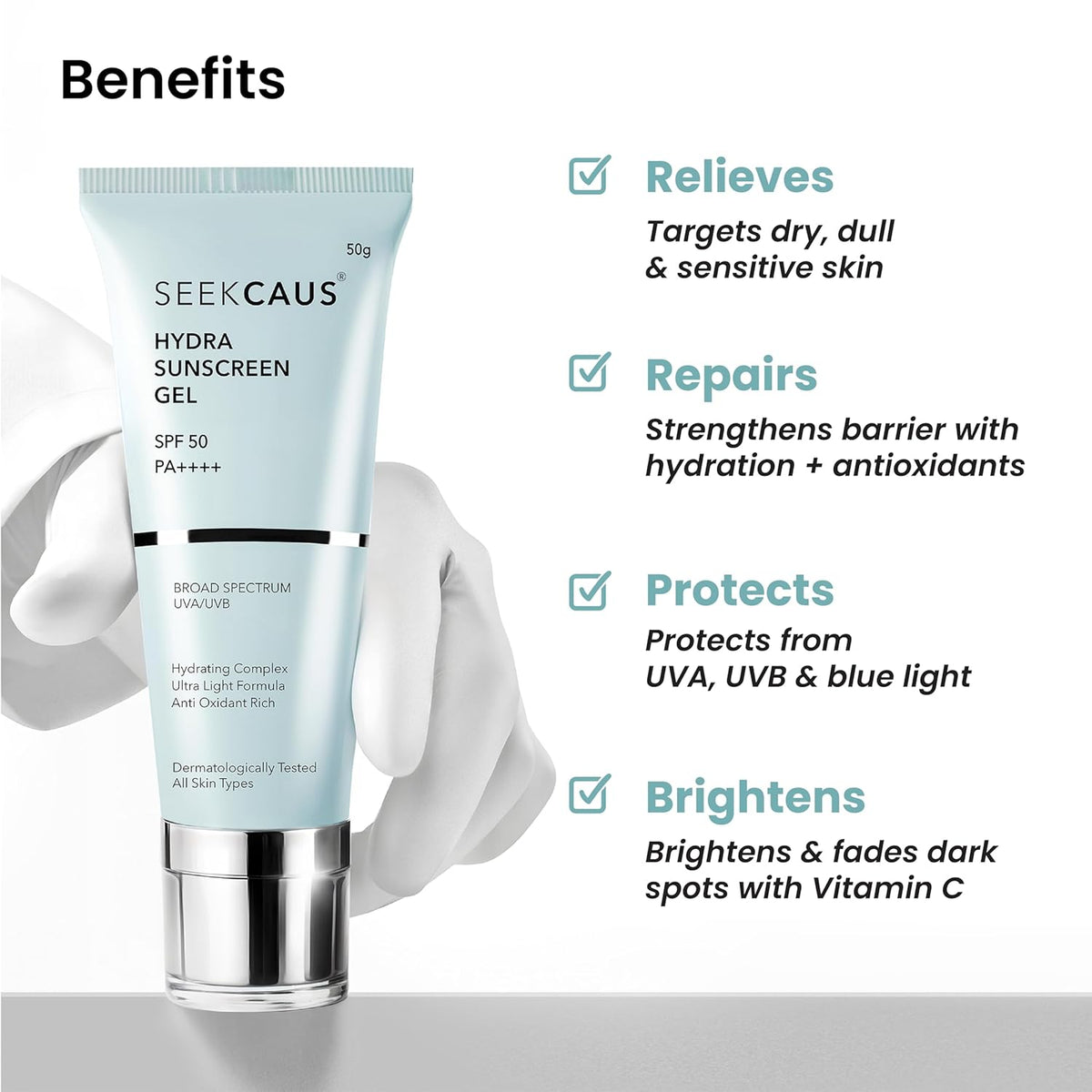 Seekcaus Hydra Sunscreen Gel SPF 50 PA++++ | Advanced Broad-Spectrum UVA/UVB & Blue Light Defense | Ultra-Light, Non-Greasy & No White Cast | 50g