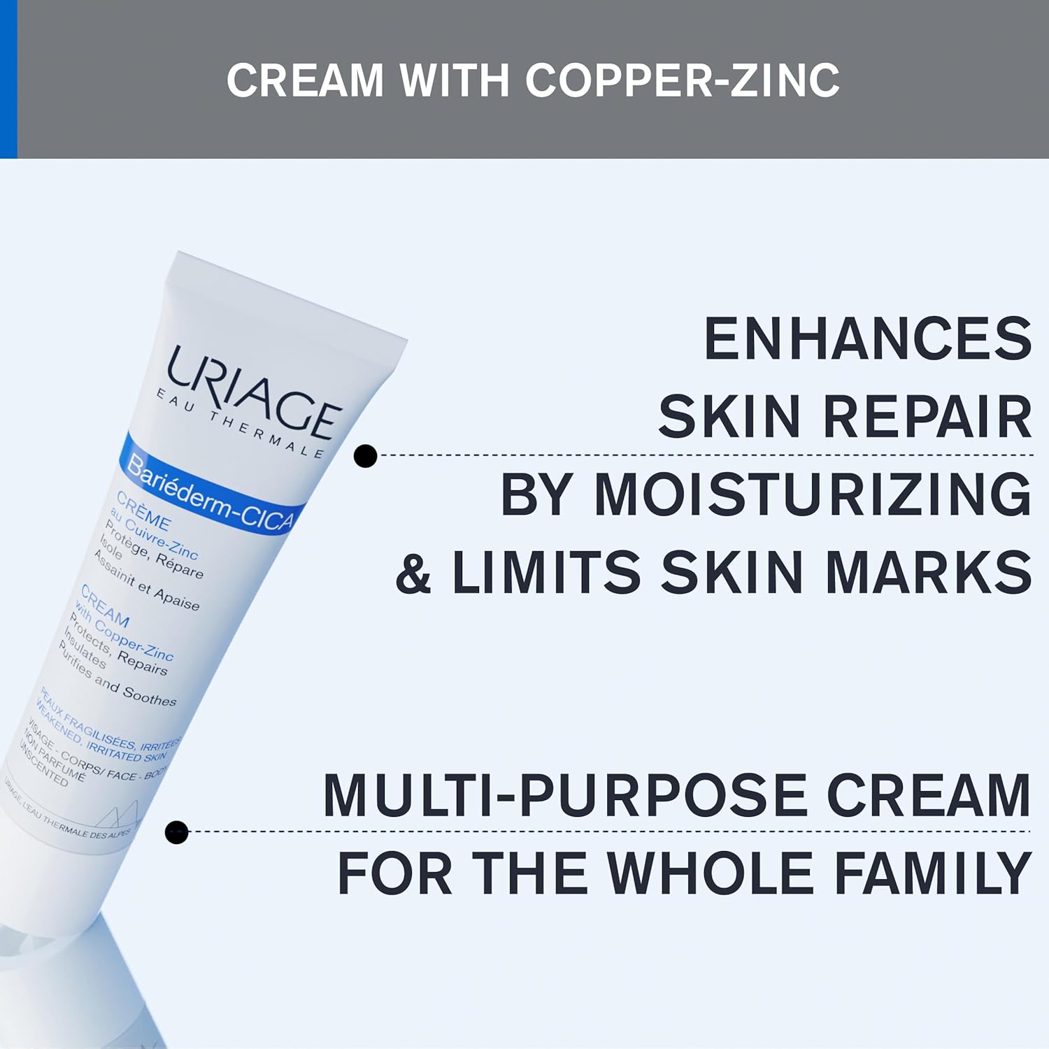 Uriage Bariederm-Cica Multi-Purpose Cream (Minors Cuts, Burns) Dermatological Healing Cream For Damaged Skin With COPPER-ZINC & D-PANTHENOL I Repairs Scars | For The Whole Family I Fragrance-Free|40ml