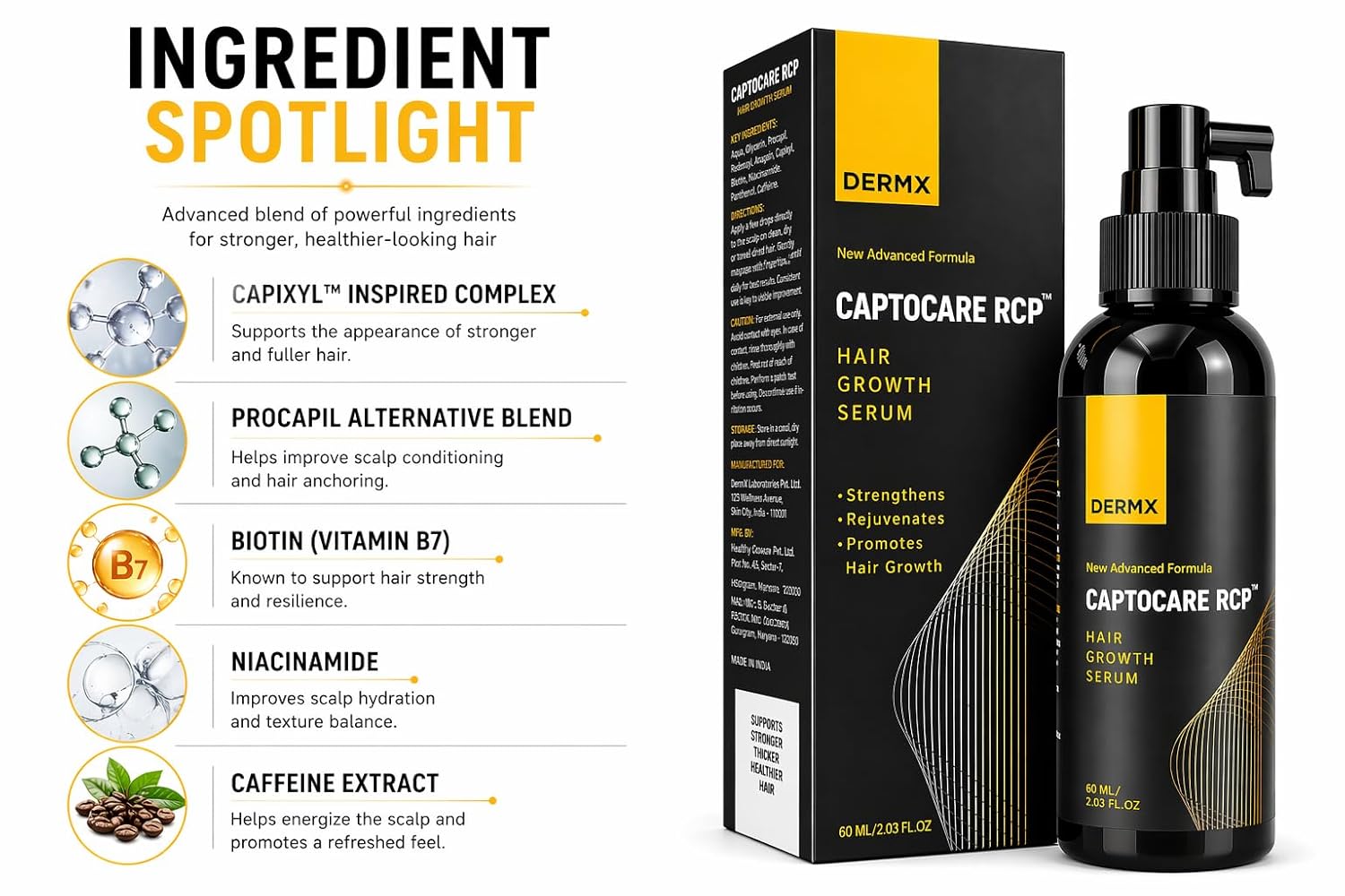 Captocare RCP Hair Growth Serum | With 3% Redensyl, 5% Capixyl, 3% Procapil & 5% Saw Palmetto | Strengthens, Promotes Hair Growth & Stimulates Hair Follicles | For All Hair Types | (60ml)