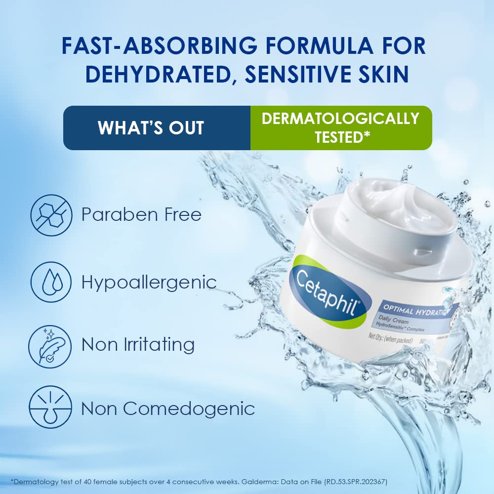 Cetaphil Optimal Hydration Daily Cream, 50g | Lightweight Moisturizer & Fast Absorption | Hyaluronic Acid, Blue Daisy Extract, Niacinamide