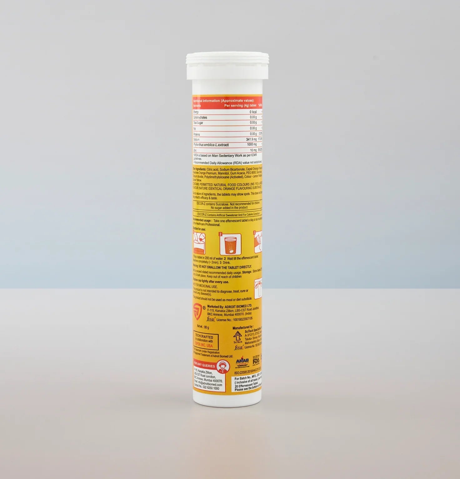 Escor Z with Zinc for Immunity | Sugar Free | Flavour Orange Effervescent Tablet | 20 Tablets