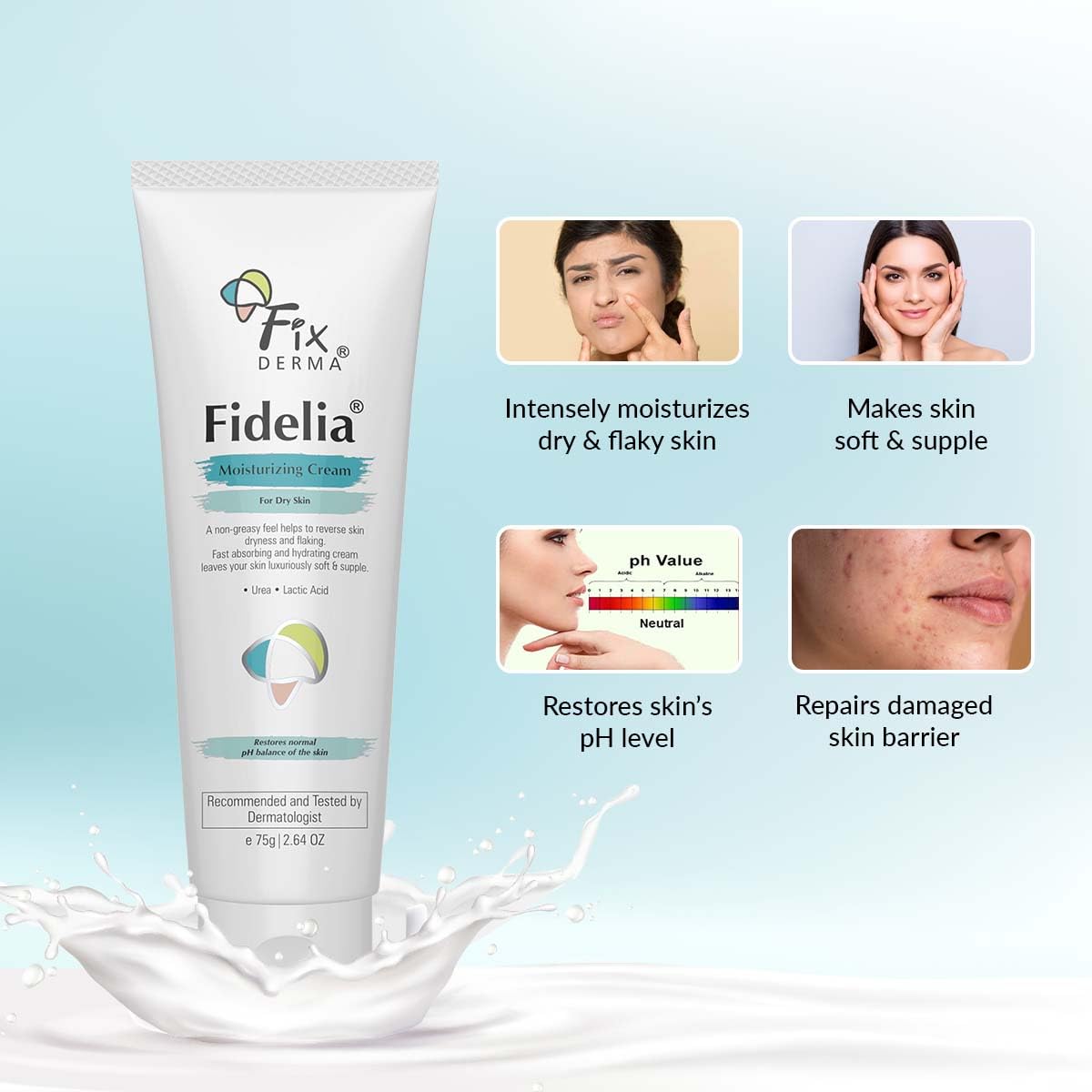 Fidelia Moisturizing cream | Daily Moisturizer for Dry & chapped skin | Provides Hydration and Moisturization, Non-Comedogenic & Non-Greasy formulation - 75 gm