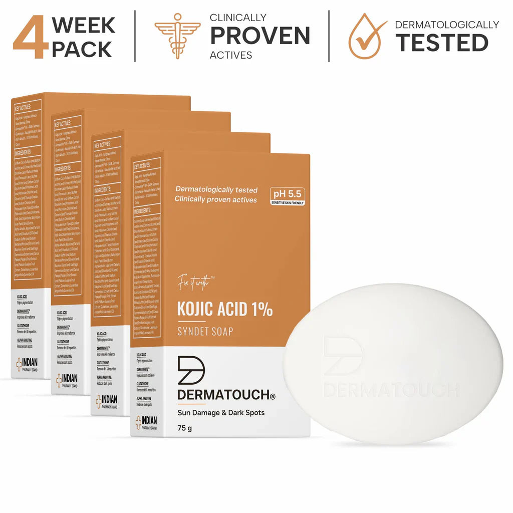 DERMATOUCH Kojic Acid 1% Soap with Glutathione | For Pigmentation & Sun damage | Soap for Men & Women | Suitable for All Skin Types | 75g ( Pack of 4 )