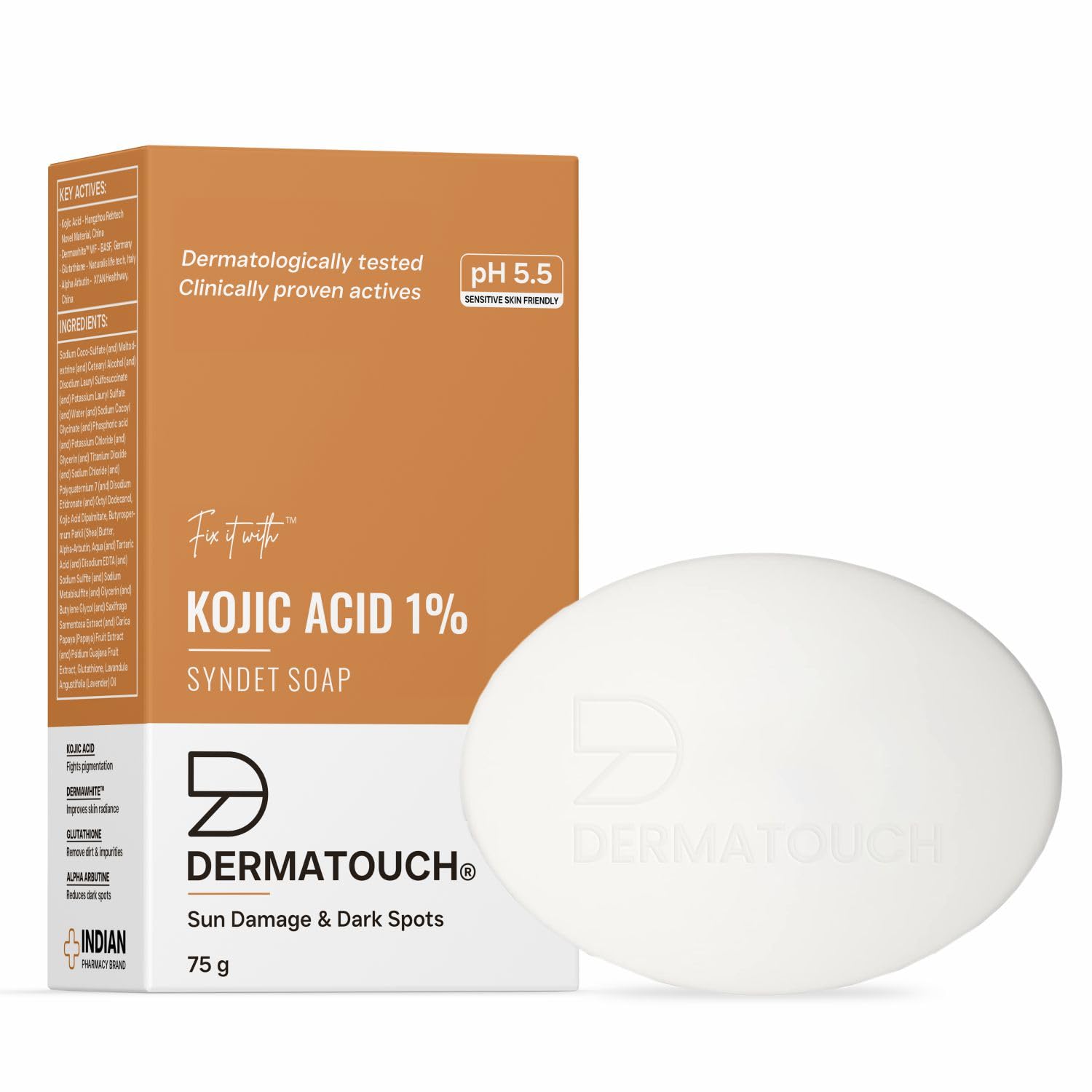 DERMATOUCH Kojic Acid 1% Soap with Glutathione | For Pigmentation & Sun damage | Soap for Men & Women | Suitable for All Skin Types | 75g ( Pack of 4 )