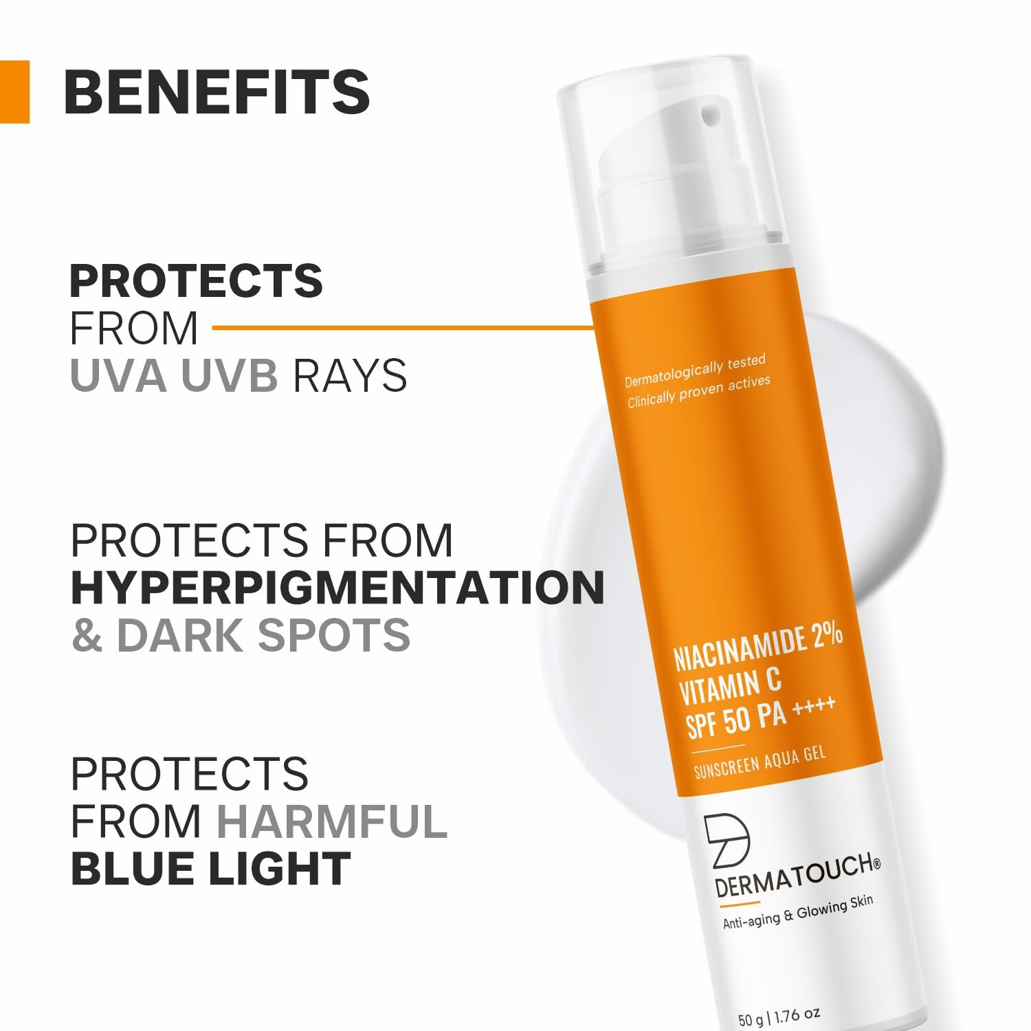 DERMATOUCH Niacinamide 2% Vitamin C Sunscreen for glowing skin | SPF 50+ PA ++++ | Quick Absorbing | Zero White Cast