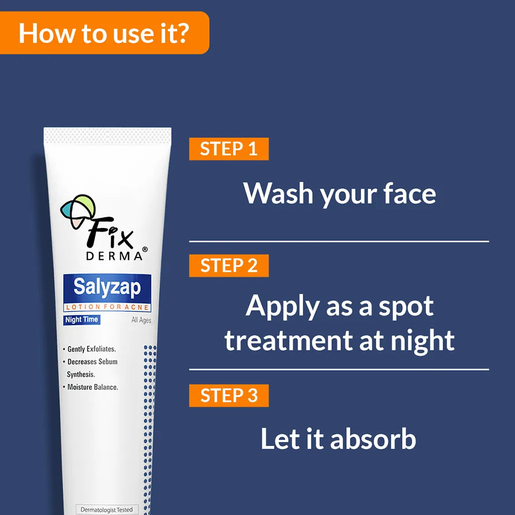 Salyzap Lotion Night time, with Salicylic Acid Helps in Moisture Balance, For acne scars, pimples, Unclogs pores, Exfoliator, Soothes redness, Suitable for Oily and Acne-Prone skin, 20ml