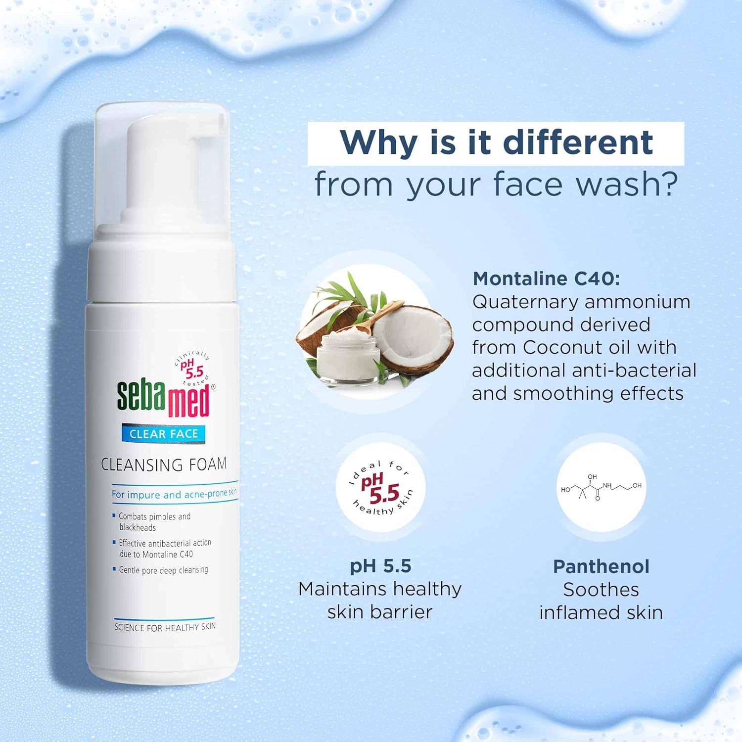 Sebamed Clear Face Cleansing Foam for Acne prone Skin I pH 5.5 I Gentle, Effective hydrating cleanser for pimples | Face wash |men & womenl Oil Free l Clinically proven l Toxin free