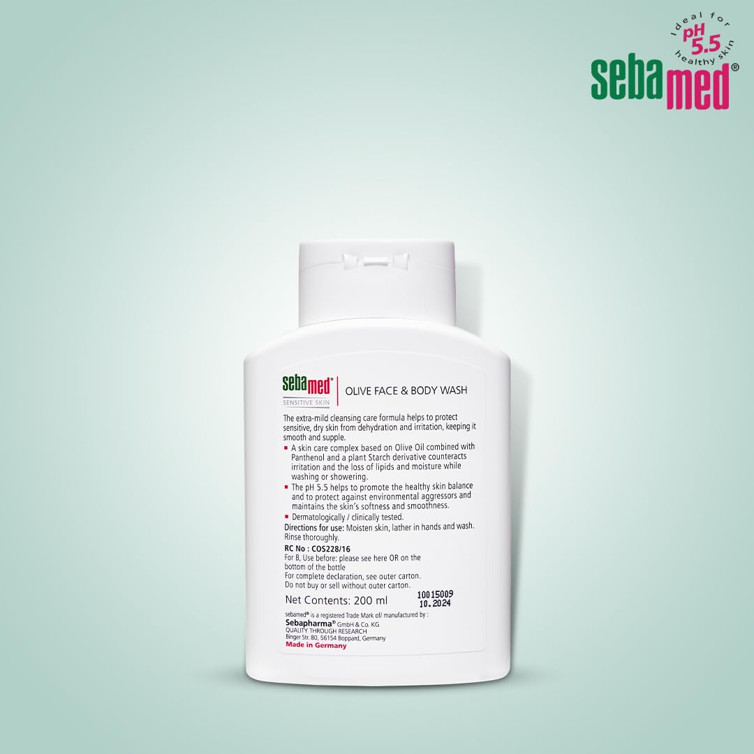 Sebamed Olive Face & Body Wash, Extra Mild For Sensitive, Dry Skin, Ph 5.5, Soap Free, Gentle Cleansing, Olive Oil + Panthenol Nourishes Skin, Dermatologically & Clinically Tested, 200 ml