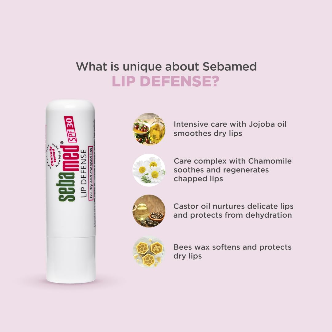 Sebamed Lip Defense Lip Balm With SPF 30 + Vit E | Regenerates Dry, Chapped Lips | Intensive Care With Vit E, Jojoba Oil & Chamomile |Clinically Tested | For Men & Women, 4.8g