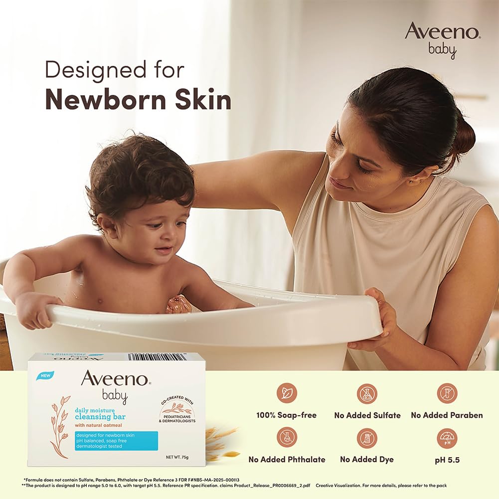 Aveeno Baby Daily Moisture Cleansing Bar 75g  With natural Oatmeal, Glycerin and Shea Butter  Co-created with Pediatricians and Dermatologists for newborn sensitive skin  pH balanced, free of soap, parabens sulfates and phthalates ( Pack of 4 )
