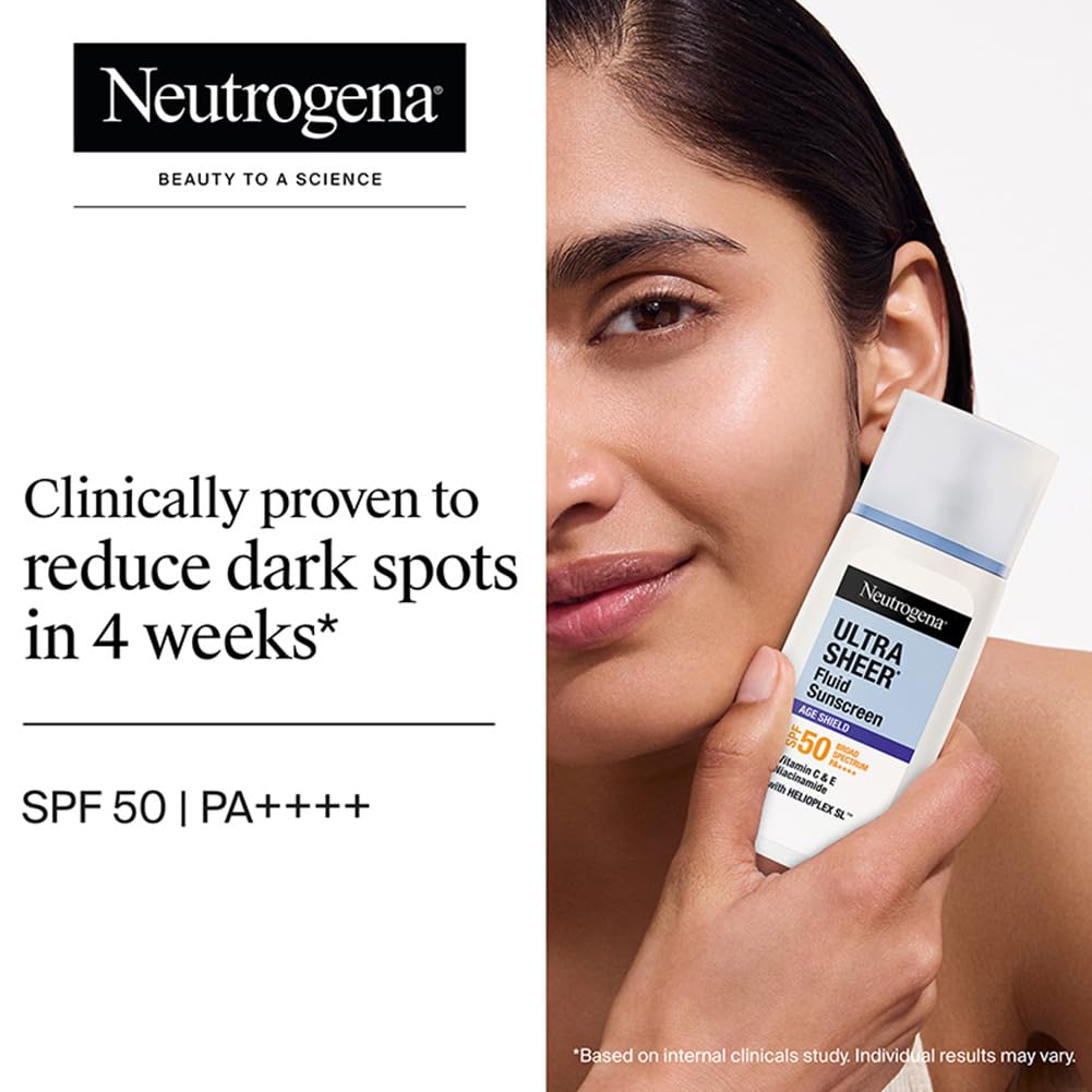 Neutrogena Ultrasheer Age Shield Fluid Sunscreen SPF 50+ PA++++  Reduces dark spots & Uneven skin tone  No white cast  Lightweight non-greasy formula  Shields from UVA, UVB, Visible Light & Blue Light ( Pack of 2 )