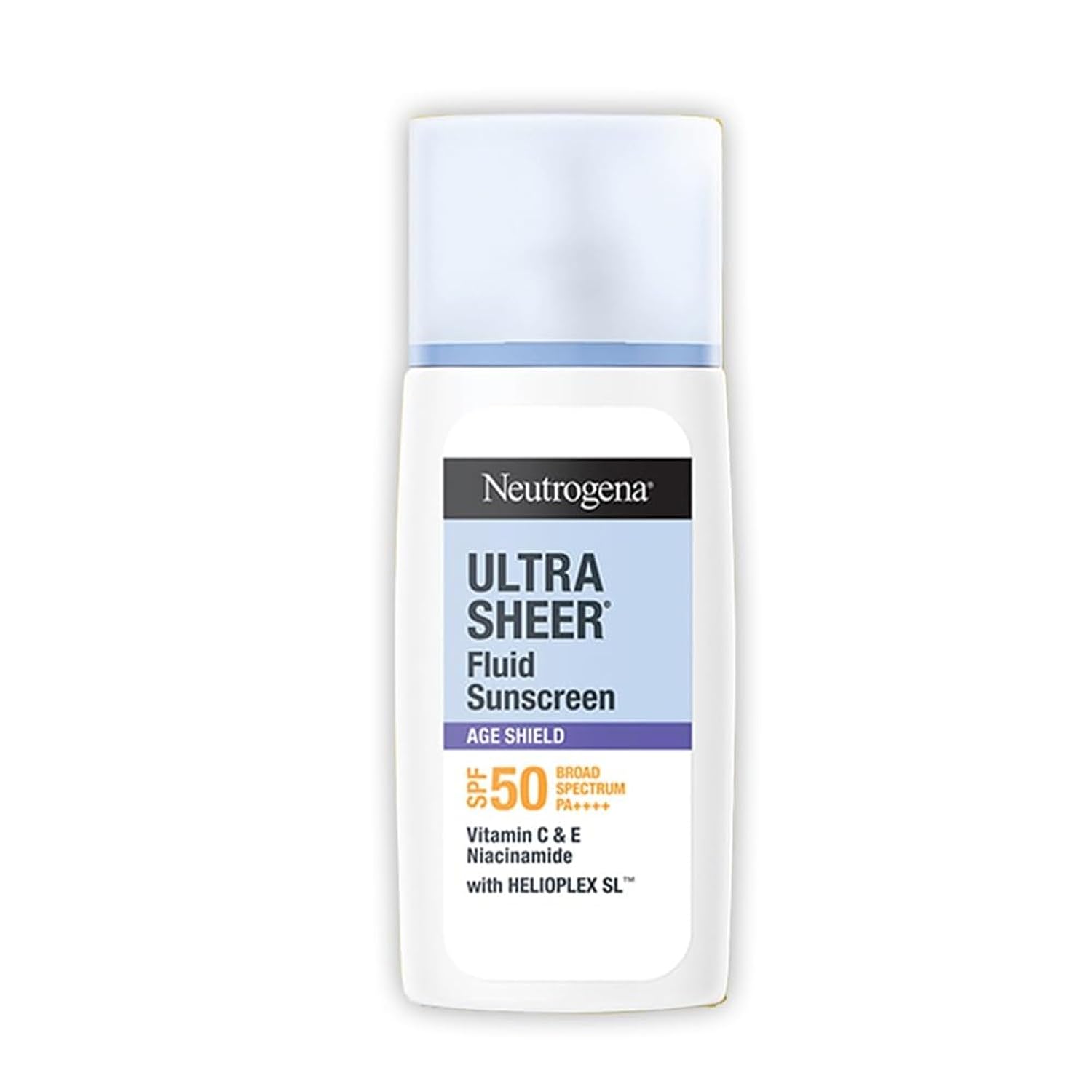 Neutrogena Ultrasheer Age Shield Fluid Sunscreen SPF 50+ PA++++  Reduces dark spots & Uneven skin tone  No white cast  Lightweight non-greasy formula  Shields from UVA, UVB, Visible Light & Blue Light ( Pack of 2 )