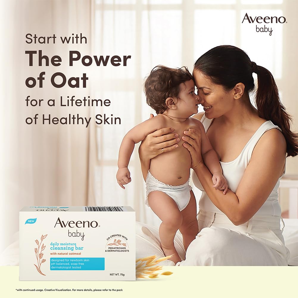 Aveeno Baby Daily Moisture Cleansing Bar 75g  With natural Oatmeal, Glycerin and Shea Butter  Co-created with Pediatricians and Dermatologists for newborn sensitive skin  pH balanced, free of soap, parabens sulfates and phthalates ( Pack of 4 )