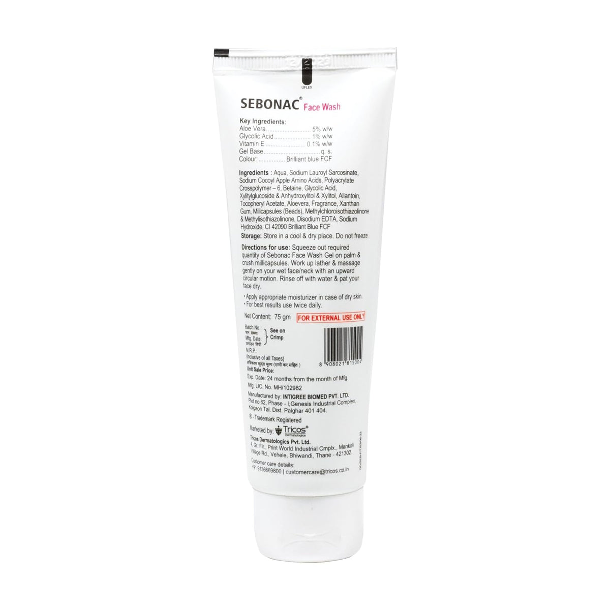 Sebonac Face Wash for Oily and Acne prone skin | Glycolic Acid, Aloe Vera, Vitamin E | Natural Biodegrable Surfactants | Soap Free | Paraben Free | Sulphate Free | Skin Rejuvenating Gel Cleanser 75g ( Pack of 4 ) - Skiynse Dermatologique